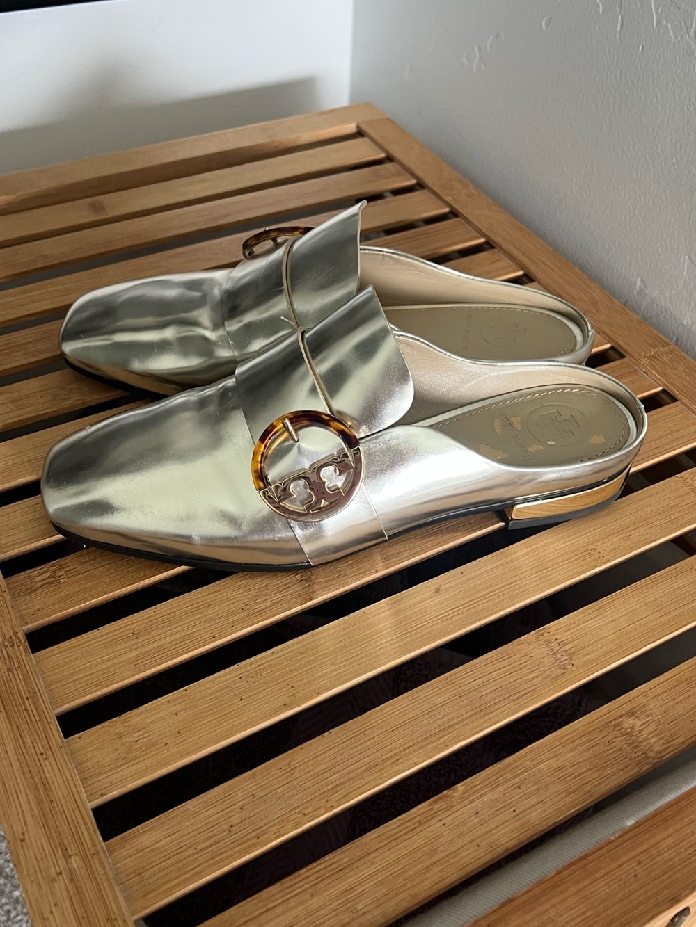 Tory Burch Metallic Silver Logo Backless Mule